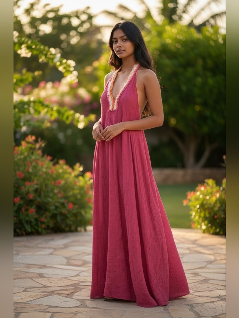 Magaschoni Organic Cotton Raspberry Deep V Halter Maxi Dress Size XS